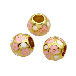 Copper Round Beads White Pink Enamel Large Hole Gold Plated, approx 10mm, 5mm hole [FD12095]