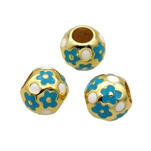 Copper Round Beads White Teal Enamel Large Hole Gold Plated, approx 10mm, 5mm hole [FD12096]