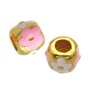 Copper Barrel Beads Pink White Enamel Large Hole Gold Plated, approx 11mm, 5mm hole [FD12097]