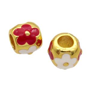 Copper Barrel Beads Red White Enamel Large Hole Gold Plated, approx 11mm, 5mm hole [FD12098]