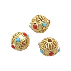 Copper Round Beads Enamel Hollow Gold Plated, approx 10mm [FD12125]
