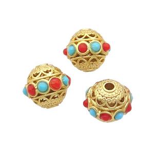 Copper Round Beads Enamel Hollow Gold Plated, approx 12mm [FD12126]
