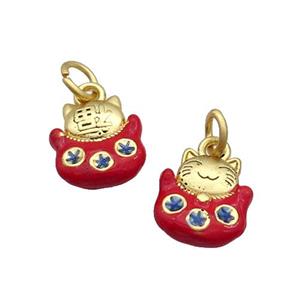 Alloy Lucky Cat Pendant Red Enamel Duck Gold, approx 12-13mm [FD12179]