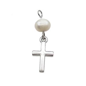Copper Cross Pendant With Pearl Platinum Plated, approx 8-13mm, 6mm [FD12203]