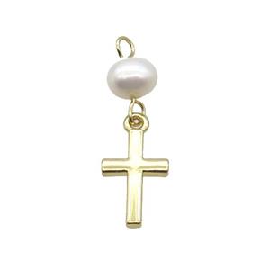 Copper Cross Pendant With Pearl Gold Plated, approx 8-13mm, 6mm [FD12204]