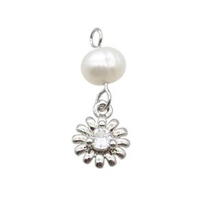Copper Sunflower Pendant Pave Zircon With Pearl Platinum Plated, approx 8mm, 6mm [FD12209]