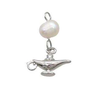 Copper Pendant With Pearl Aladdin Lamp Platinum Plated, approx 7-10mm, 6mm [FD12211]