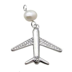 Copper Airplane Pendant Pave Zircon With Pearl Platinum Plated, approx 18-21mm, 6mm [FD12213]