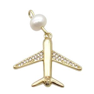Copper Airplane Pendant Pave Zircon With Pearl Gold Plated, approx 18-21mm, 6mm [FD12214]
