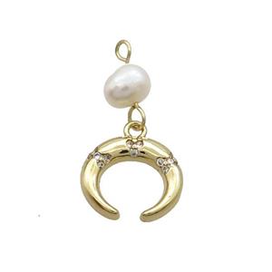 Copper Crescent Pendant Pave Zircon With Pearl Gold Plated, approx 11-12mm, 6mm [FD12216]