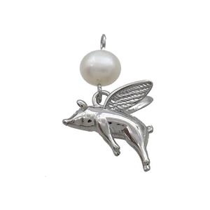 Copper Pig Charm Pendant With Pearl Platinum Plated, approx 13mm, 6mm [FD12217]