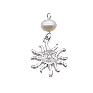Copper Sun Pendant Pave Zircon With Pearl Platinum Plated, approx 14mm, 6mm [FD12225]
