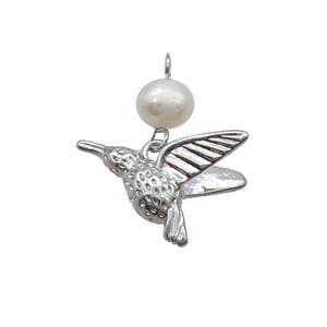 Copper Hummingbird Pendant With Pearl Platinum Plated, approx 12-20mm, 6mm [FD12227]