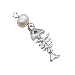 Copper Fishbone Pendant With Pearl Platinum Plated, approx 8-20mm, 6mm [FD12229]