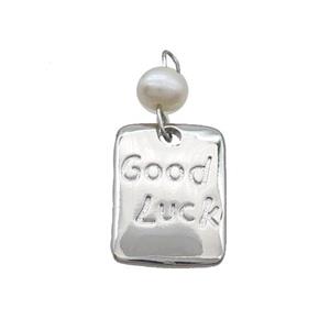Copper Rectangle Pendant With Pearl Good Luck Platinum Plated, approx 13-18mm, 6mm [FD12235]