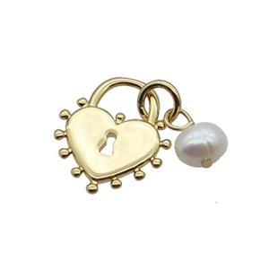 Copper Lock Pendant With Pearl Heart Gold Plated, approx 13-15mm, 6mm [FD12238]