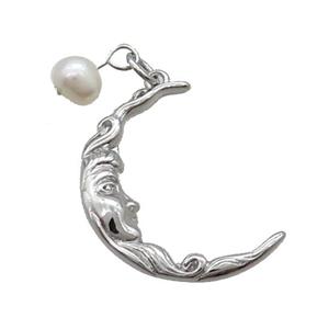 Copper Moon Charm Pendant With Pearl Platinum Plated, approx 20-25mm, 6mm [FD12243]
