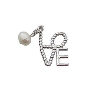 Copper LOVE Pendant With Pearl Platinum Plated, approx 12-18mm, 6mm [FD12245]