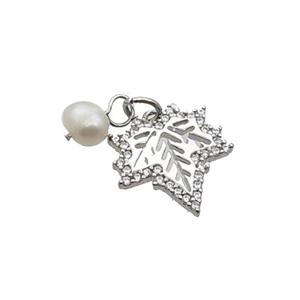 Copper Maple Leaf Pendant Pave Zircon With Pearl Platinum Plated, approx 15mm, 6mm [FD12247]