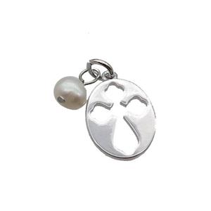 Copper Cross Pendant With Pearl Platinum Plated, approx 12-15mm, 6mm [FD12249]