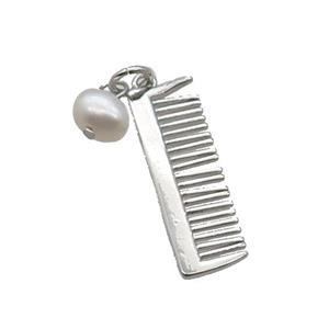 Copper Comb Pendant With Pearl Platinum Plated, approx 7-22mm, 6mm [FD12251]