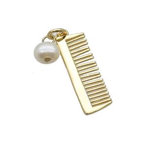 Copper Comb Pendant With Pearl Gold Plated, approx 7-22mm, 6mm [FD12252]