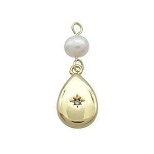 Copper Teardrop Pendant Pave Zircon With Pearl Gold Plated, approx 10-13mm, 6mm [FD12262]