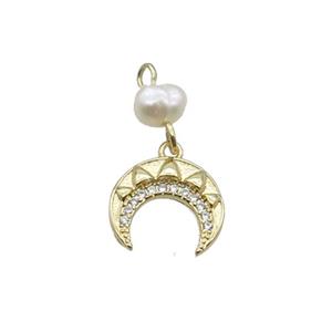 Copper Crescent Pendant Pave Zircon With Pearl Gold Plated, approx 14mm, 6mm [FD12277]