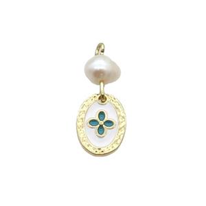 Copper Flower Pendant With Pearl White Enamel Oval Gold Plated, approx 8-12mm, 6mm [FD12285]