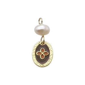 Copper Flower Pendant With Pearl Enamel Oval Gold Plated, approx 8-12mm, 6mm [FD12287]