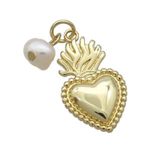 Copper Heart Pendant With Pearl Aflame Gold Plated, approx 13-20mm, 6mm [FD12289]