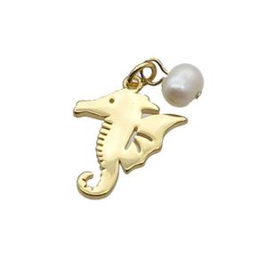 Copper Seahorse Pendant With Pearl Gold Plated, approx 15-17mm, 6mm [FD12292]