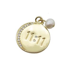 Copper Circle Pendant Pave Zircon With Pearl Double Eleven Gold Plated, approx 19mm, 6mm [FD12293]