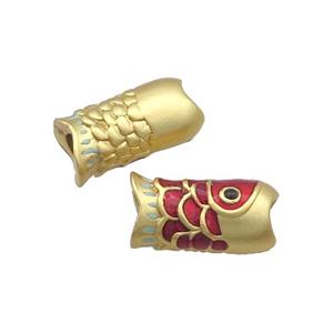 Copper Fish Beads Red Enamel Large Hole Unfade Gold Plated, approx 9-16mm, 4mm hole [FD12353]