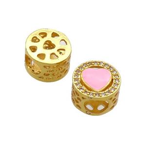 Copper Butter Beads Pave Zircon Pink Enamel Heart Large Hole Gold Plated, approx 10.5mm, 5mm hole [FD12426]