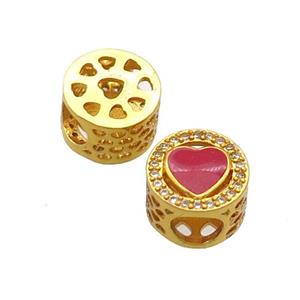 Copper Butter Beads Pave Zircon Red Enamel Heart Large Hole Gold Plated, approx 10.5mm, 5mm hole [FD12427]