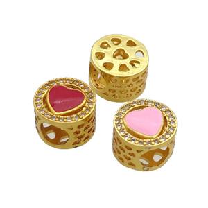 Copper Butter Beads Pave Zircon Mix Enamel Heart Large Hole Gold Plated, approx 10.5mm, 5mm hole [FD12428]