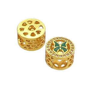 Copper Butter Beads Pave Zircon Green Enamel Butterfly Large Hole Gold Plated, approx 10.5mm, 5mm hole [FD12434]