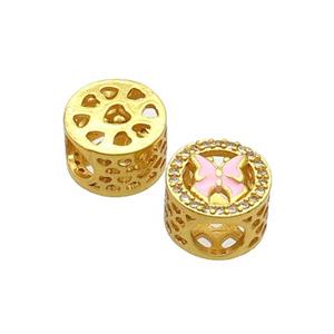 Copper Butter Beads Pave Zircon Pink Enamel Butterfly Large Hole Gold Plated, approx 10.5mm, 5mm hole [FD12435]