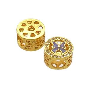 Copper Butter Beads Pave Zircon Purple Enamel Butterfly Large Hole Gold Plated, approx 10.5mm, 5mm hole [FD12436]