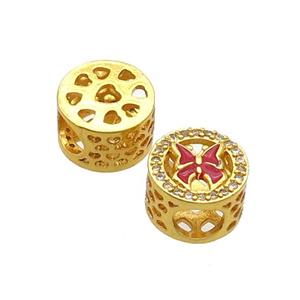 Copper Butter Beads Pave Zircon Red Enamel Butterfly Large Hole Gold Plated, approx 10.5mm, 5mm hole [FD12437]