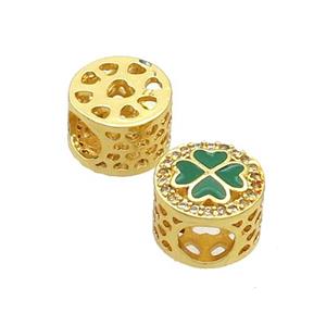 Copper Butter Beads Pave Zircon Green Enamel Clover Large Hole Gold Plated, approx 10.5mm, 5mm hole [FD12440]
