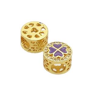 Copper Butter Beads Pave Zircon Purple Enamel Clover Large Hole Gold Plated, approx 10.5mm, 5mm hole [FD12441]