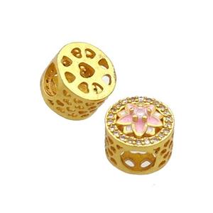 Copper Butter Beads Pave Zircon Pink Enamel Flower Large Hole Gold Plated, approx 10.5mm, 5mm hole [FD12444]