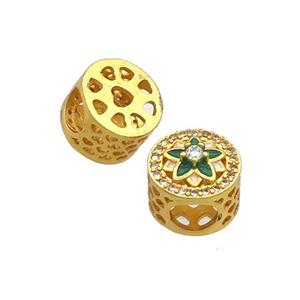 Copper Butter Beads Pave Zircon Green Enamel Flower Large Hole Gold Plated, approx 10.5mm, 5mm hole [FD12445]