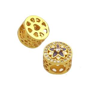 Copper Butter Beads Pave Zircon Purple Enamel Flower Large Hole Gold Plated, approx 10.5mm, 5mm hole [FD12446]