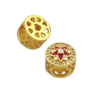Copper Butter Beads Pave Zircon Red Enamel Flower Large Hole Gold Plated, approx 10.5mm, 5mm hole [FD12447]