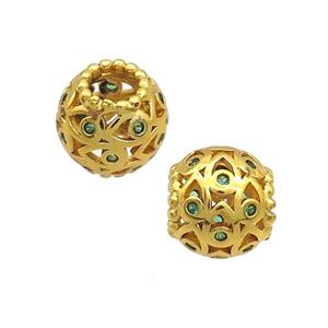 Copper Round Beads Pave Green Zircon Large Hole Gold Plated, approx 11mm, 5mm hole [FD12450]
