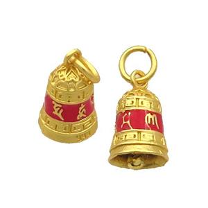 Alloy Bell Buddhist Pendant Red Enamel Om Mani Padme Hum, approx 9-12mm [FD12456]