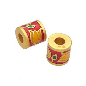 Copper Tube Beads Red Enamel Lotus Large Hole Unfade Gold Plated, approx 9-10mm, 3mm hole [FD12576]